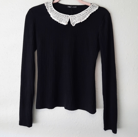 Zara Black & White Crochet Collar Ribbed Sweater M - Picture 1 of 5